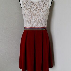 Cream & Burgundy Lace Pleated Skirt Skater Dress